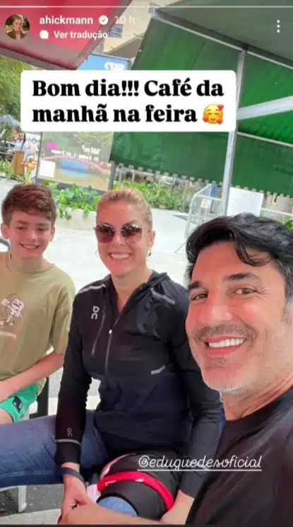 Ana Hickmann surge com seu filho e  Edu Guedes na feira