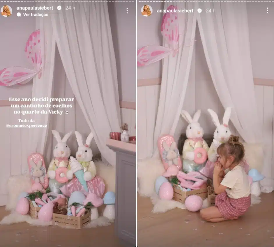 Filha caçula de Roberto Justus ganha festa de coelhos de Páscoa no seu quarto luxuoso e impresisona