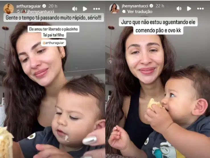 Filho de Arthur Aguiar e Jheny Santucci surge comendo pão pela 1ª vez e impressiona