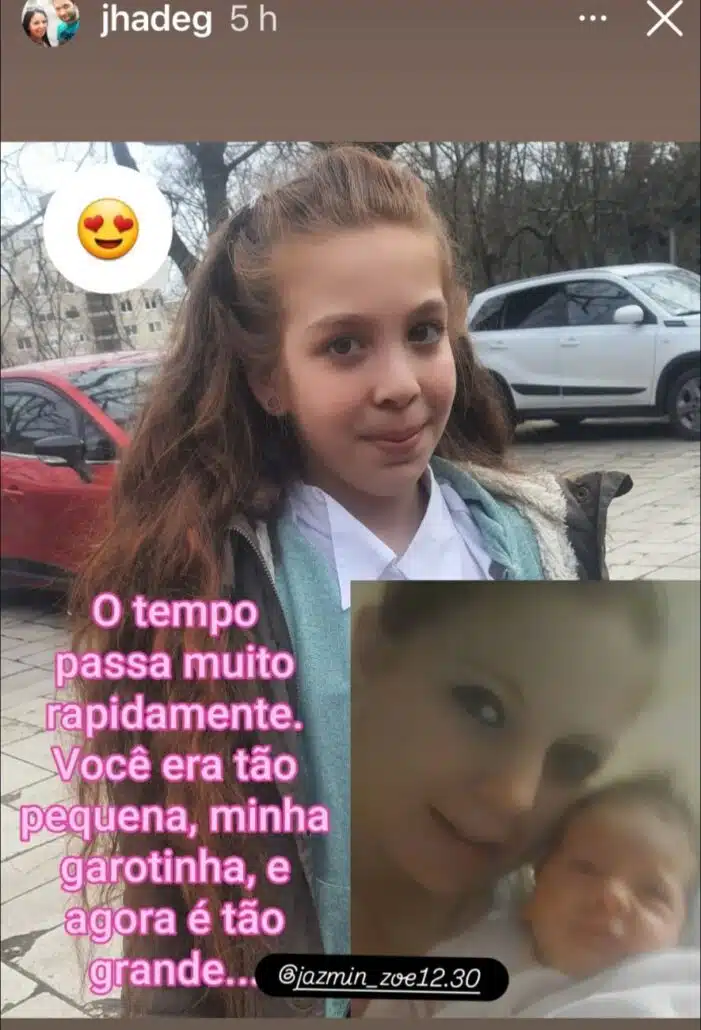 Gabriella Gaspar exibindo a filha recém-nascida e atualmente