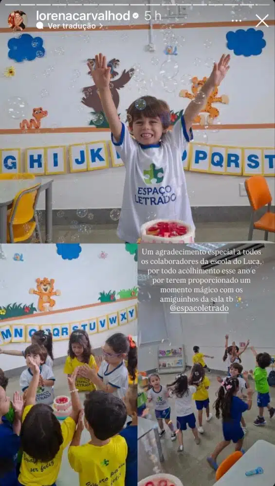 O pequeno Luca, filho de Lorena e Lucas Lucco, também ganhou uma festinha na escola