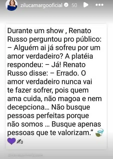 Zilu compartilhou esta reflexão sobre relacionamentos