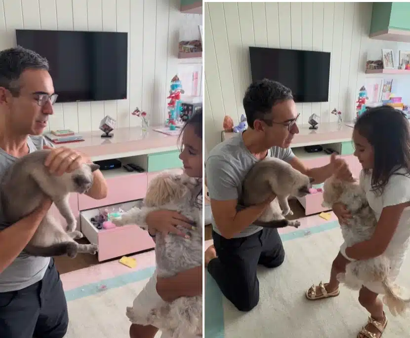 César Tralli surge com sua filha e os pets da família e lindo quarto da menina impressiona 