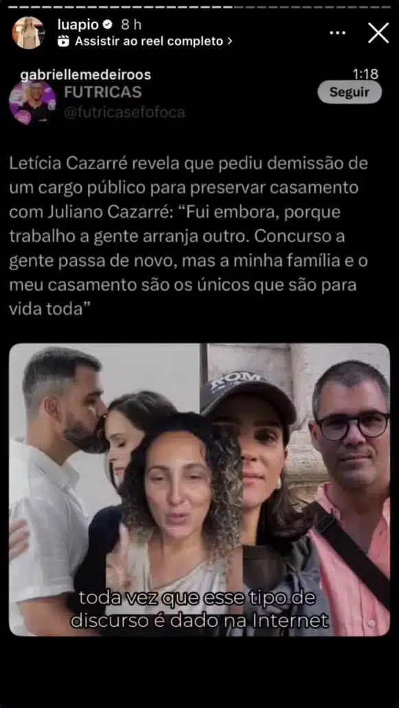 Luana Piovani criticou a decisão da esposa de Cazarré de largar um cargo público