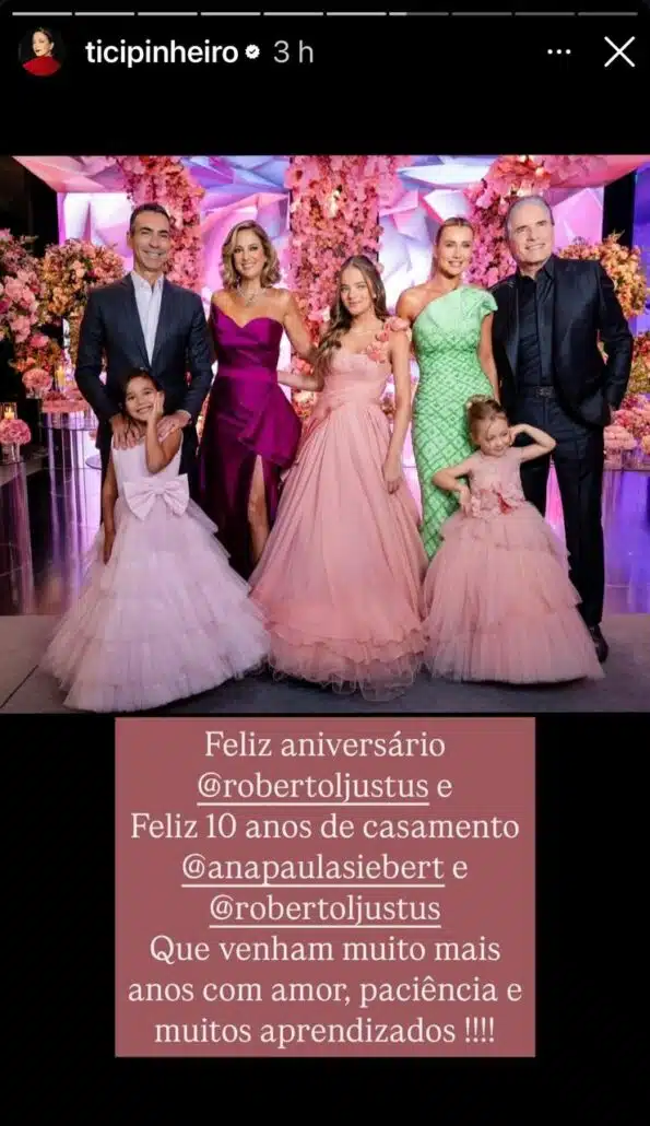 Ticiane Pinheiro também parabenizou Ana e Justus por 10 anos de casamento
