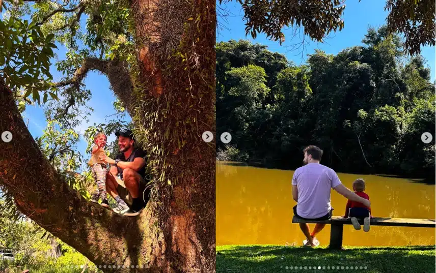 Filho de Fernanda Vasconcellos impressiona ao posar em passeio com o pai em fazenda