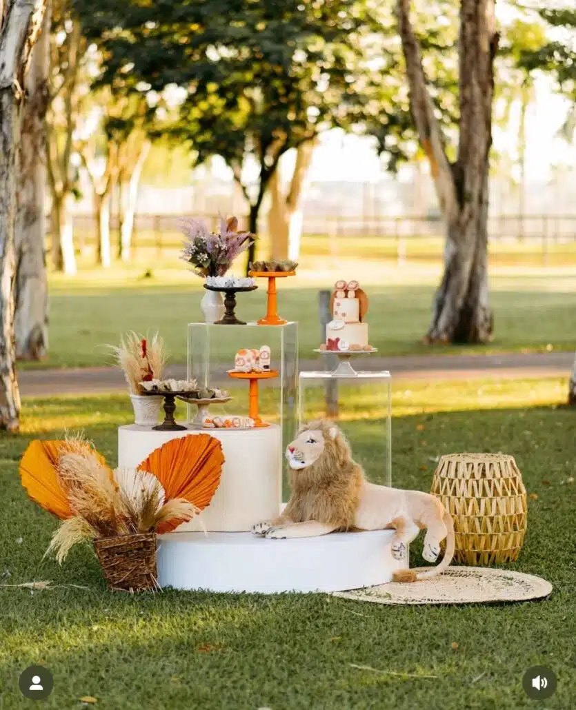 A decoração com tema de leão da festa de 10 meses dos gêmeos de Sorocaba