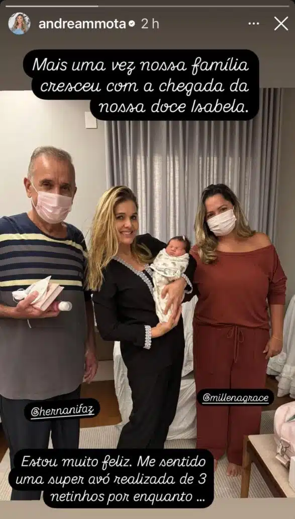 Viúva de Leandro, Andréa Mota, posa com a neta caçula pela 1ª vez