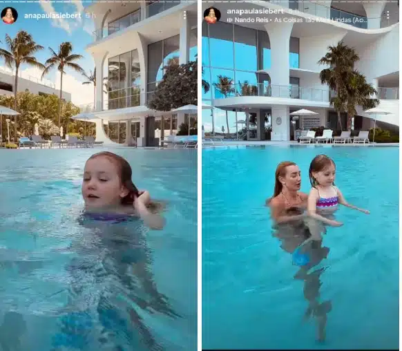 Filha caçula de Robetto surge na piscina de cobertura a venda nos EUA e impressiona 