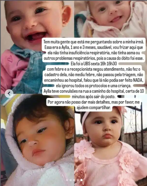 Desabafo da irmã da bebê Aylla Eloá