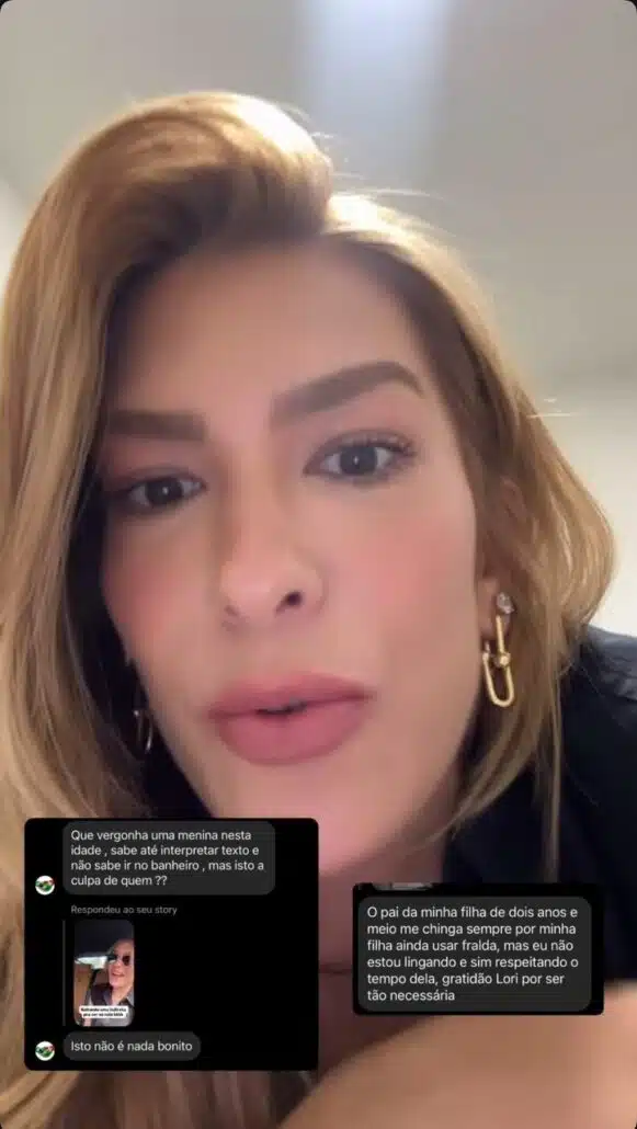 Lore, esposa de Léo Santana, responde comentários sobre a filha usar fraldas