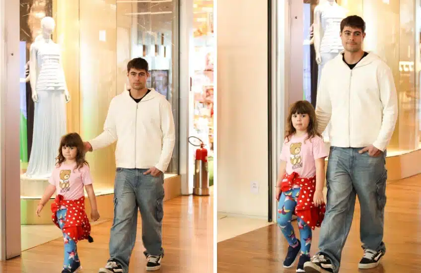 Rafael Vitti passeia com sua filha com Tatá Werneck em shopping no Rio de Janeiro e impressiona