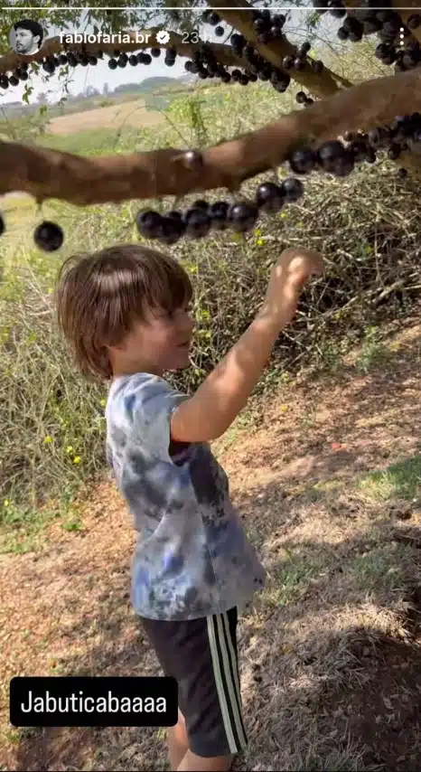 Filho caçula de Patrícia Abravanel surge colhendo jabuticaba e surpreende
