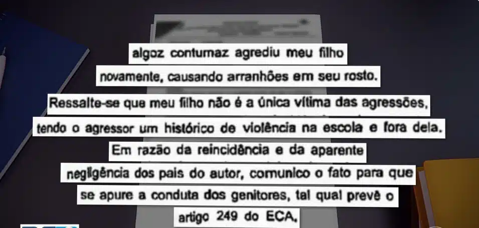 Trechos do boletim de ocorrência que pai fez