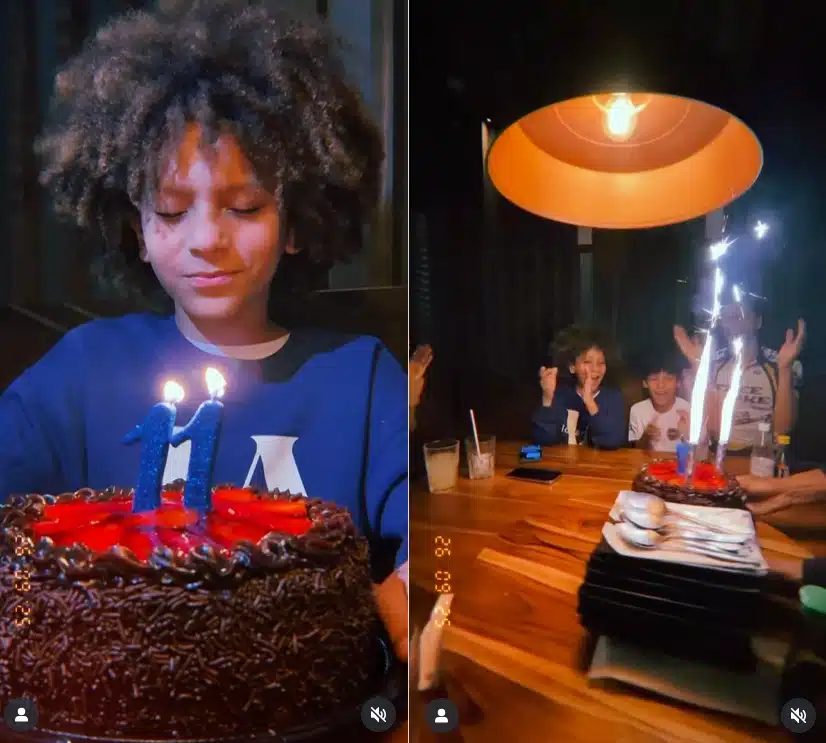 Filho de Igor Rickli clebra seus 11 anos com bolo simples em Temakaria e encanta