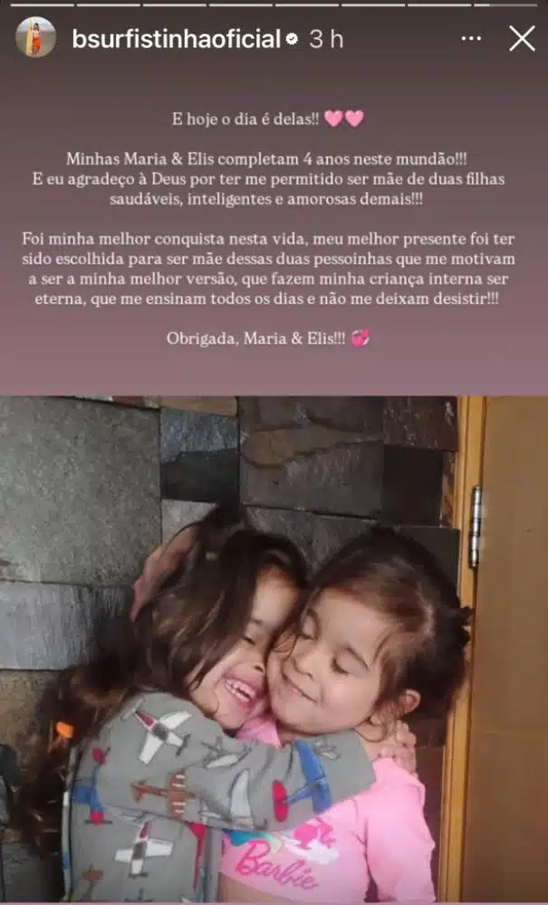 Bruna Surfistinha faz linda declaração para as filhas que completaram 4 anos