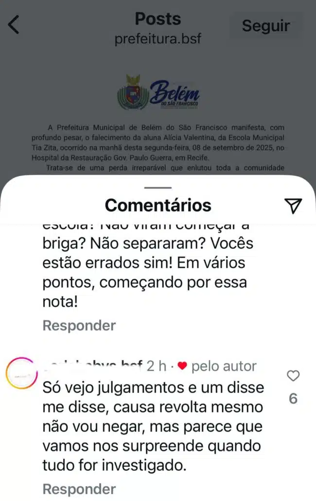 Comentário que prefeitura curtiu sobre crianças que tiraram a vida de Alícia