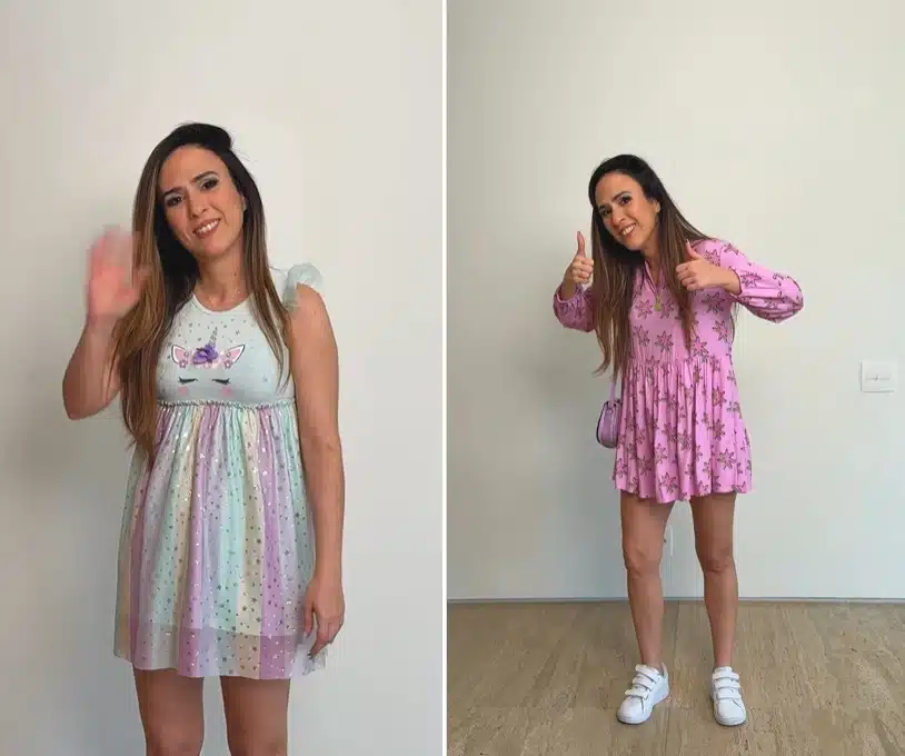 Tatá Werneck veste roupa de sua filha de 5 anos e encanta