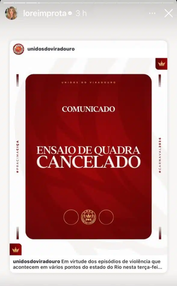 Lorena Improta compartilha comunicado da Viradouro
