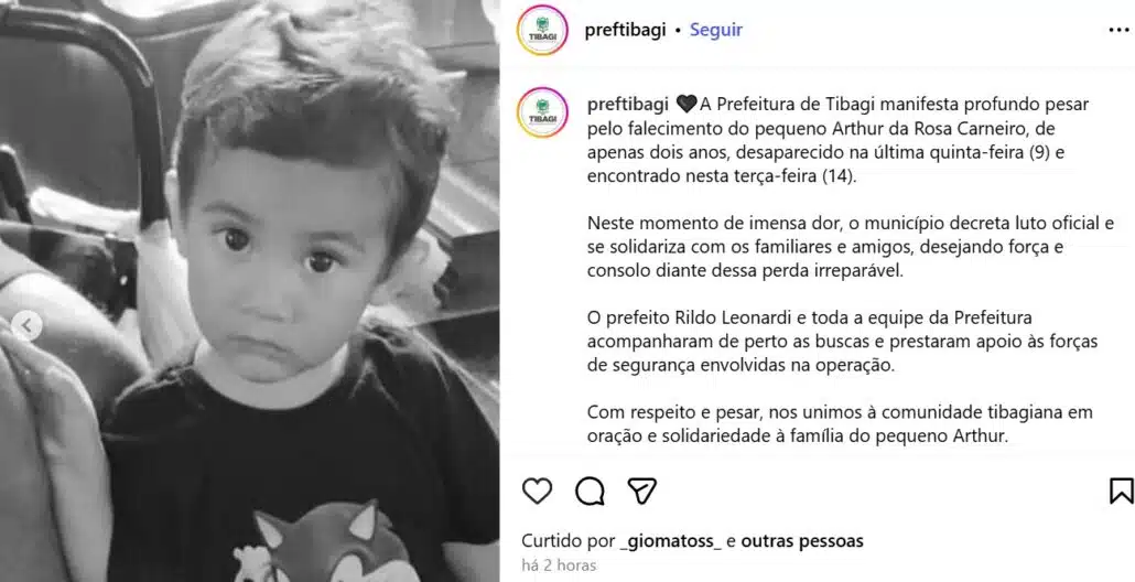 Menino Arthur de dois anos acaba de ser encontrado sem vida