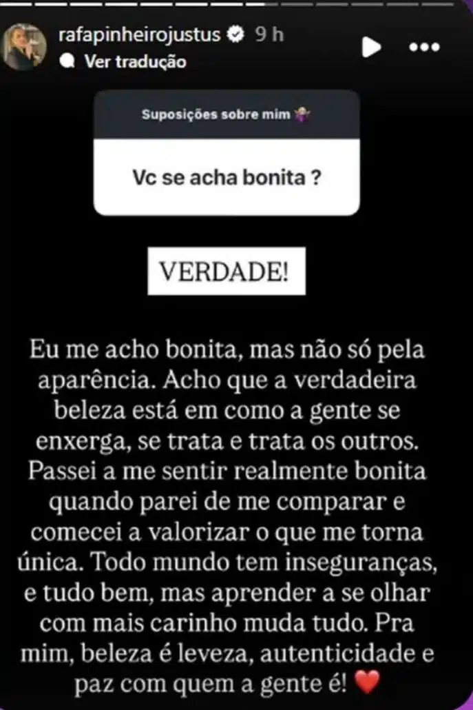 Rafaella Justus responde sobre aparência e surpreende