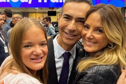 Rafaella Justus prestigia César Tralli em seu novo desafio profissional