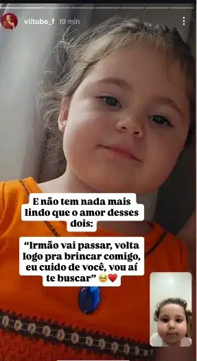Filha de Viih Tube manda recadinho carinhoso para o irmão após susto e surpreende