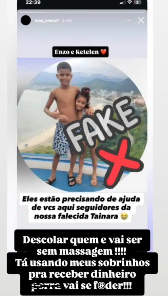 Irmã de Tainara falou de situação com os filhos dela