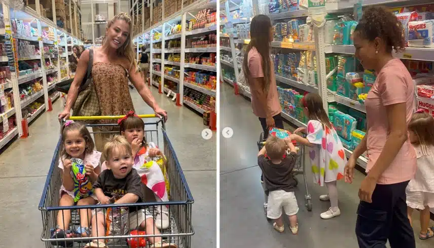 Poliana Rocha, esposa de Leonardo leva netos as compras em um supermercados e encanta