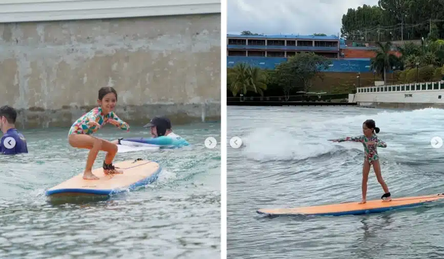 Zoe, filha de Sabrina Sato dá show ao surgir surfando em lago e impressiona