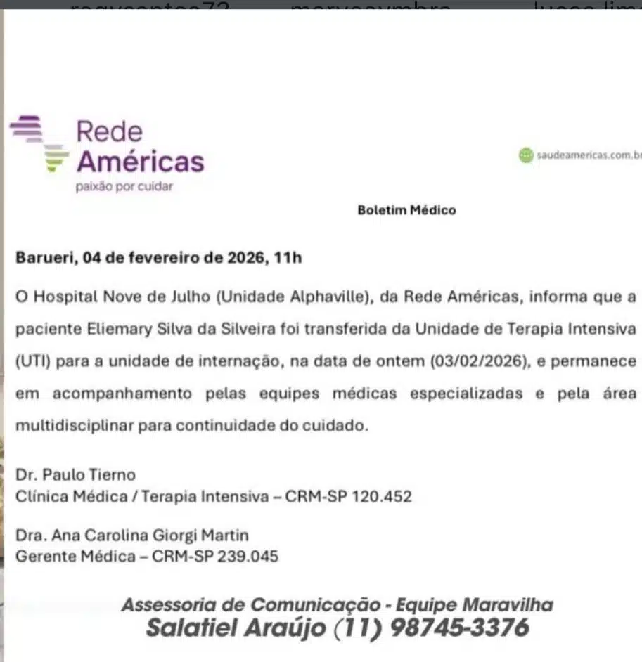 Nota sobre a alta de Mara Maravilha da UTI