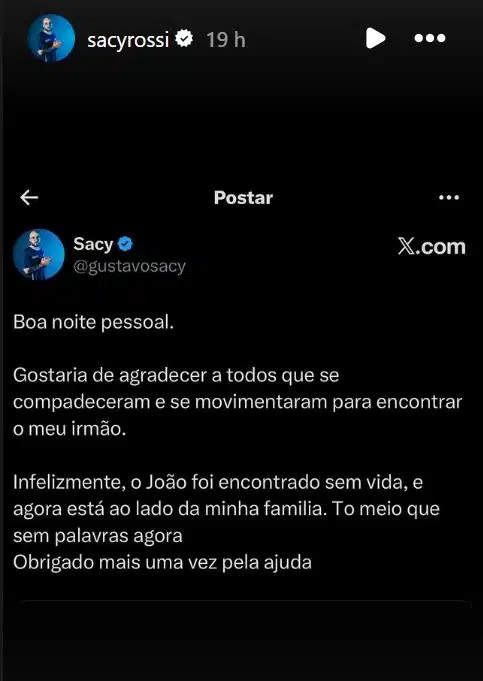 Atleta Sacy Rossi falando do irmão que partiu