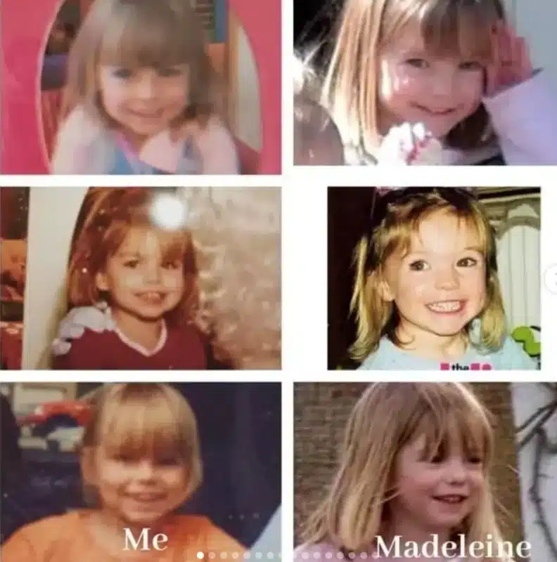 Eugenea Collins ainda criança nas fotos da esquerda e Madeleine McCann em foto da direita