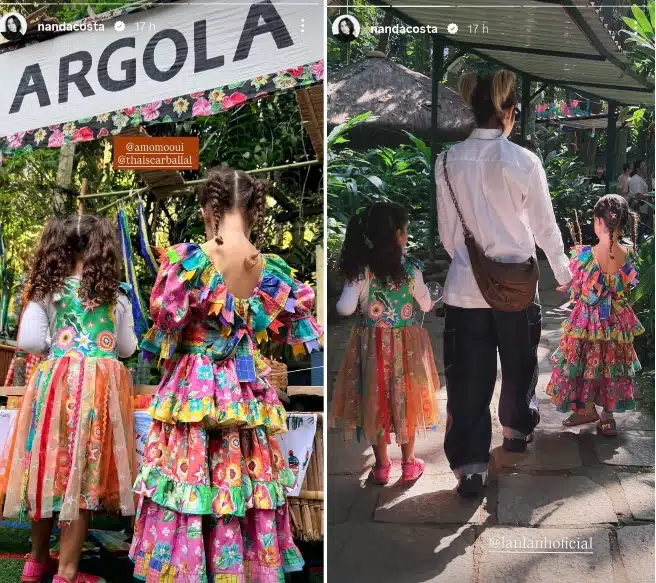 Nanda Costa posa com as filhas gêmeas e a ex na festa julina da escola delas