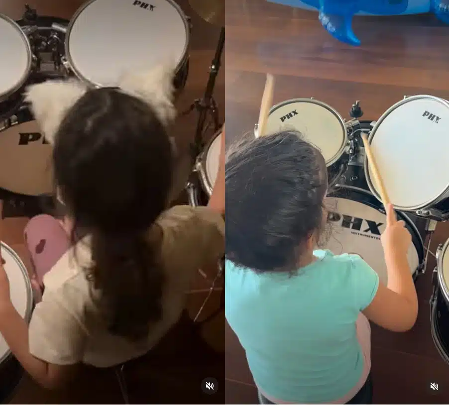 Ex de Nanda Costa mostra talento das gêmeas na percussão e surpreende