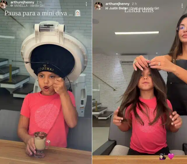 Filha de Arthur Aguiar encanta surgir cuidando das madeixas com a madrasta