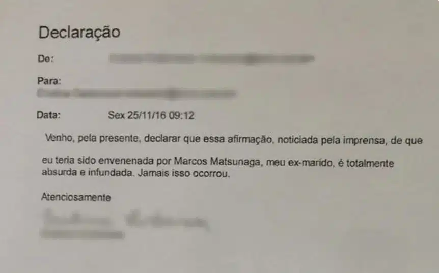 Pronunciamento feito pela primeira esposa de Marcos Matsunaga