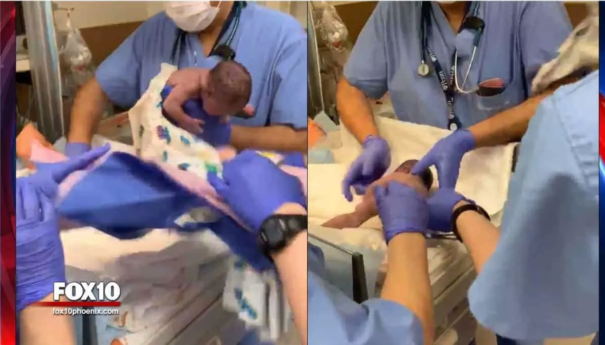Imagens do médico com a recém-nascida em imagens feitas pelo pai