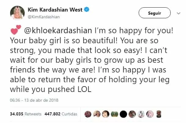 Essa foi a postagem de Kim Kardashian falando sobre o parto de Khloé Kardashian