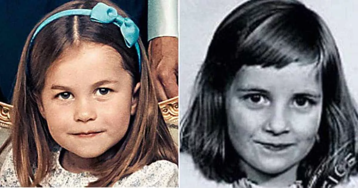 A princesa Charlotte na imagem da esquerda e a princesa Diana na imagem da direita nessa publicação