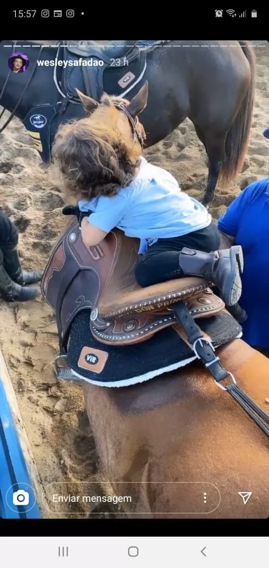 Bebê de Wesley Safadão subindo por conta própria no cavalo