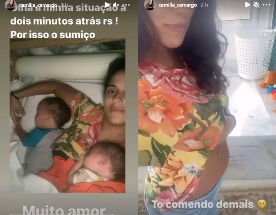 Camilla Camargo exibindo a barriga pós-parto e com seus filhos