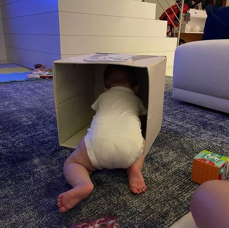 Bebê de Tiago Leifert brincando com caixa de papelão na sua casa