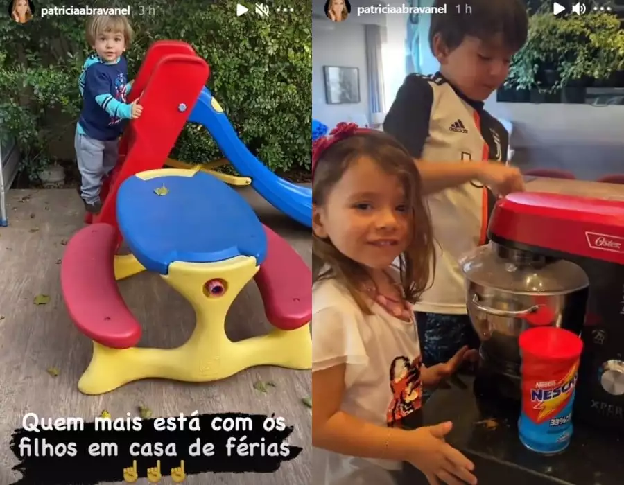 Patrícia Abravanel mostrando os três filhos brincando na sua mansão