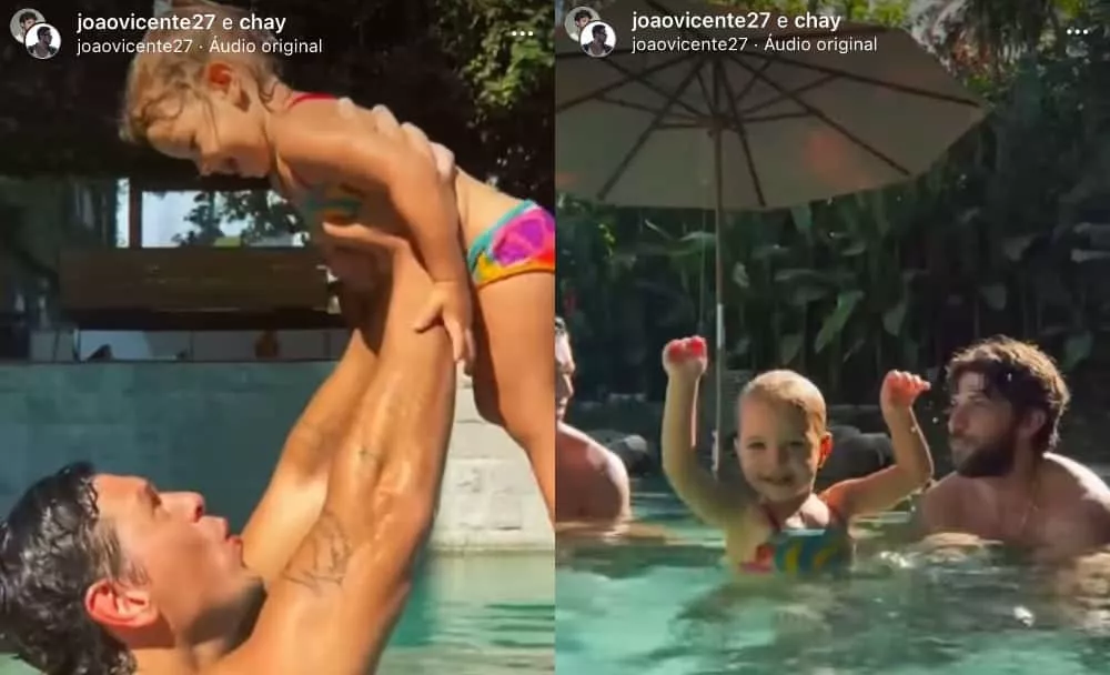 Filha de Chay Suede brinca com o pai e João Vicente na piscina
