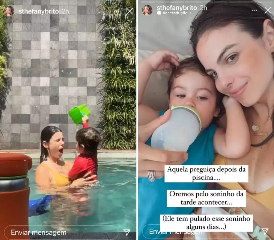 A atriz Sthefany Brito se refrescando com seu bebê na piscina