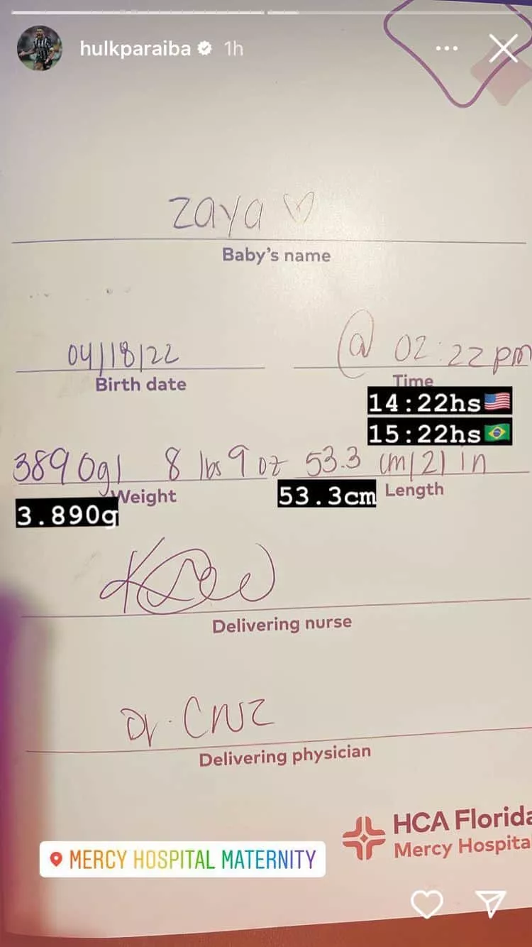 Hulk mostra dados do nascimento da filha caçula