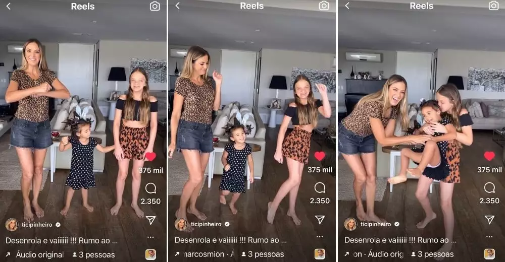 A apresentadora Ticiane Pinheiro com as filhas fazendo uma dancinha da moda