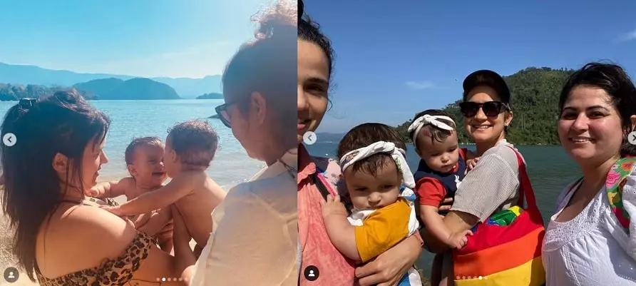 Nanda Costa e Lan Lanh surgem em passeio com as filhas gêmeas na praia 