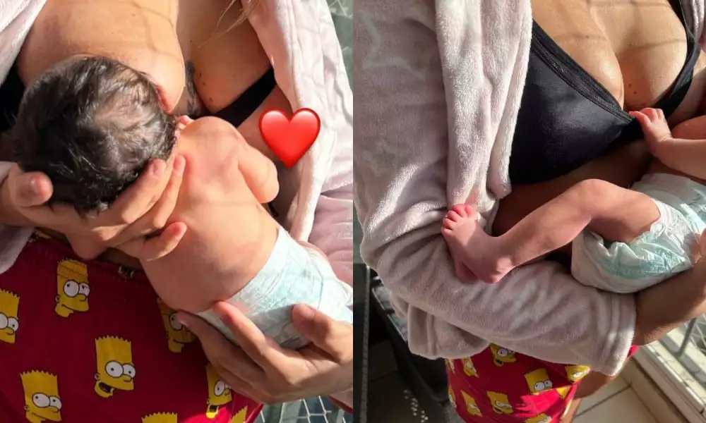 MC Loma posa com sua bebê durante banho de Sol